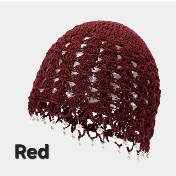 Crochet Beanie Faux Pearl Tassels - Burgundy Tan Cream - Picture 5 of 14